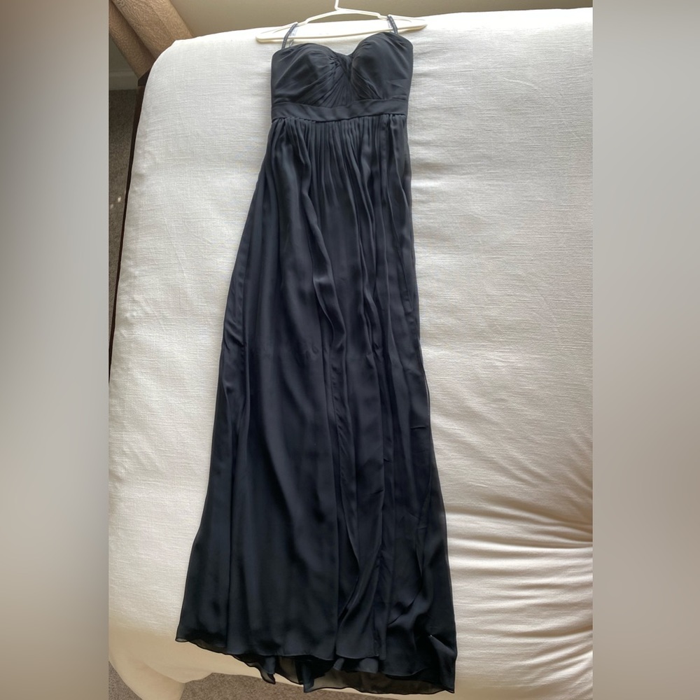 Strapless black chiffon bridesmaid dress